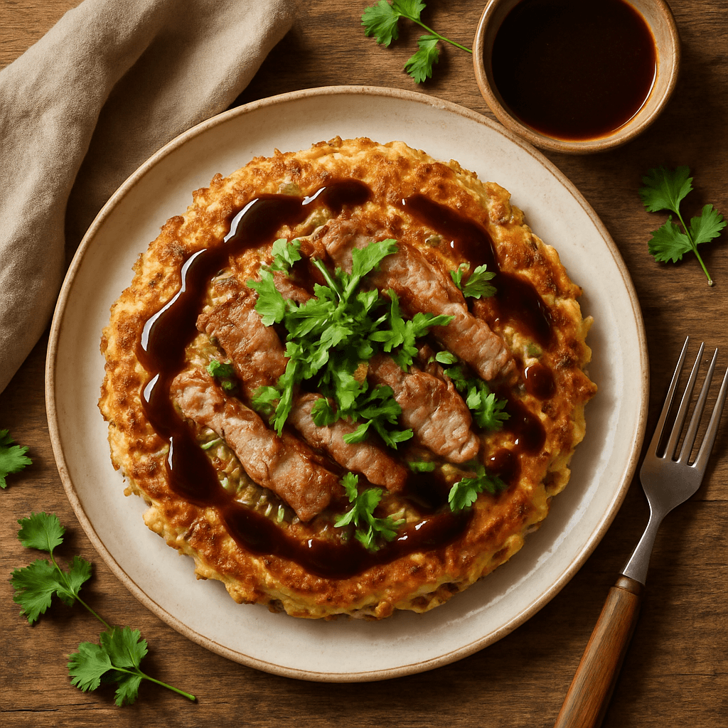 Japansk okonomiyaki med svinekød, kål og misosauce