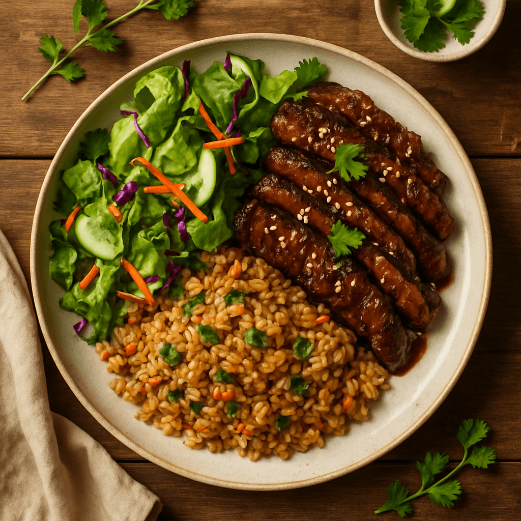 Japansk Oksekød Teriyaki med Frisk Salat og Stegte Ris
