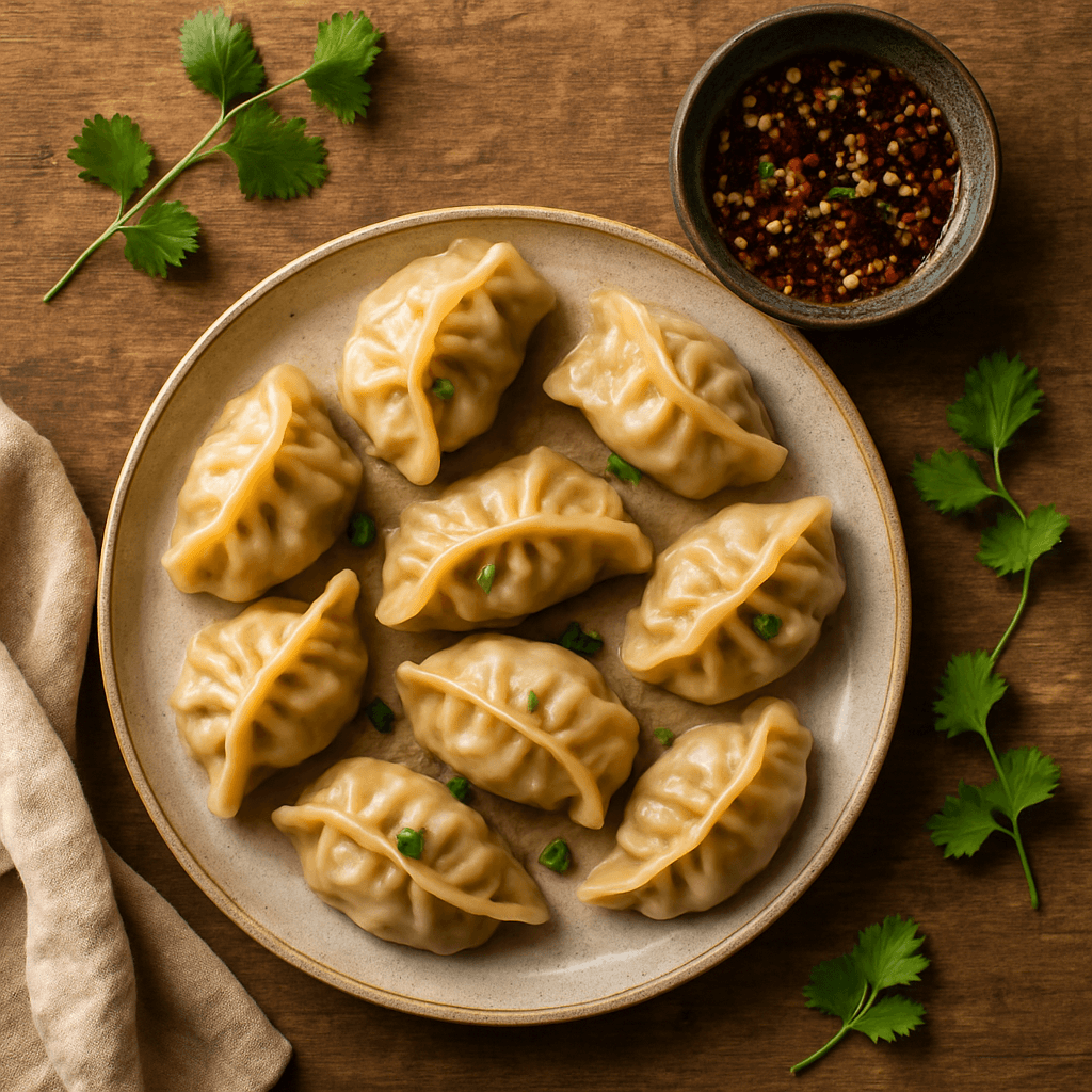 Kinesiske dumplings med svinekød og spicy dipping sauce