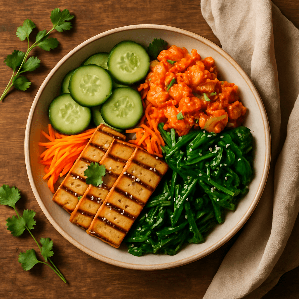 Koreansk buddha bowl med kimchi og grillet tofu