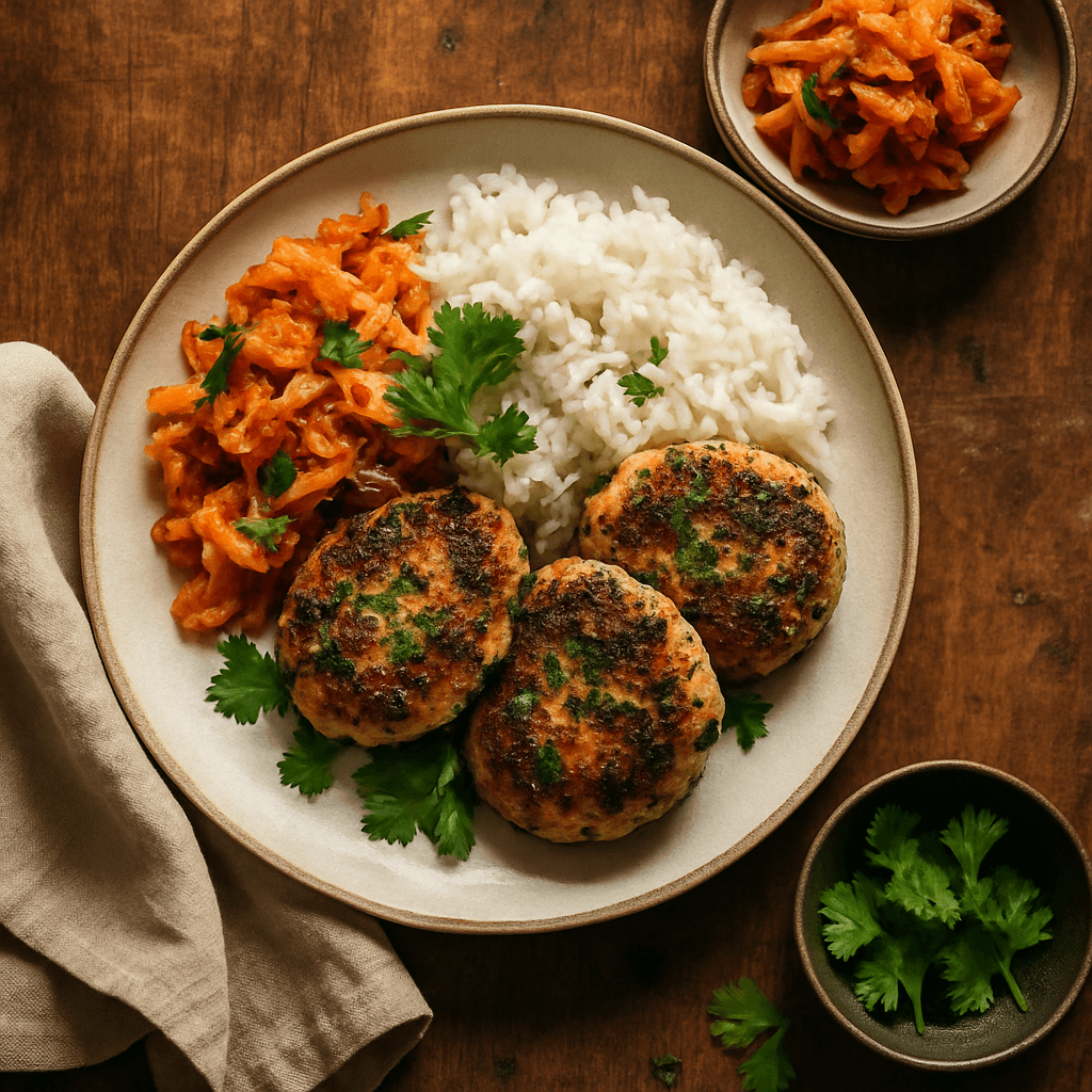 Koreansk fiskefrikadeller med kimchi og jasminris
