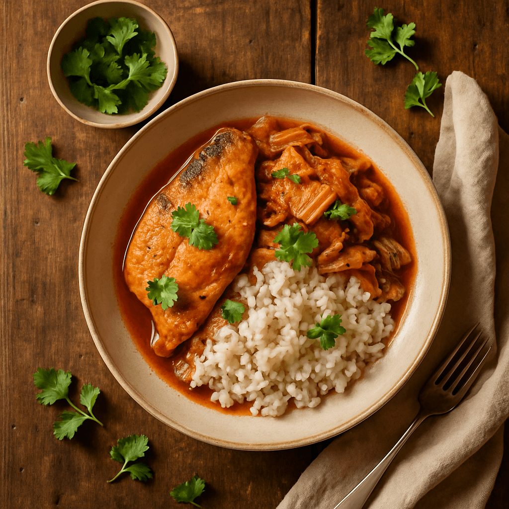 Koreansk fiskeret med kimchi og ris