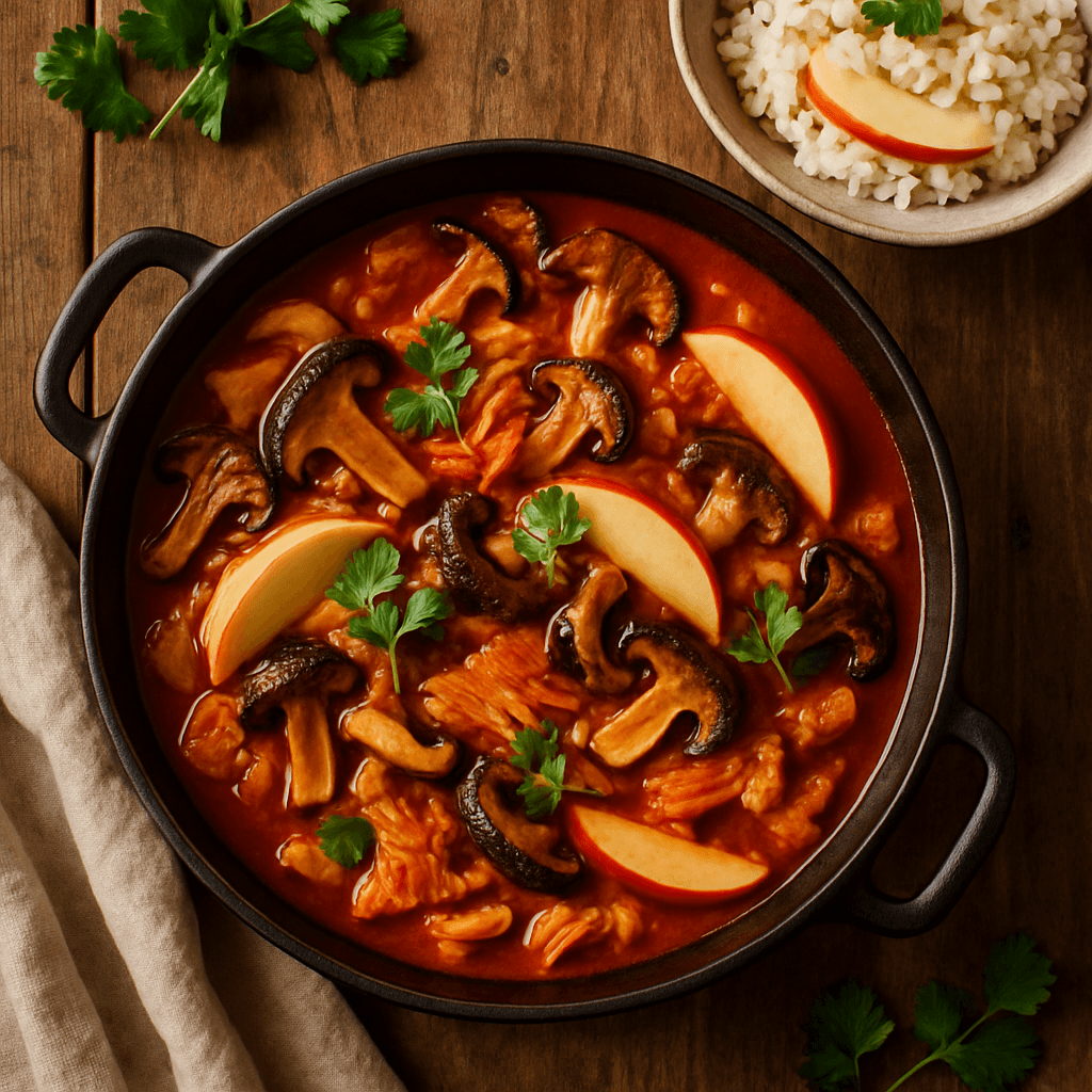 Koreansk kimchi-gryde med svampe og æble-ris