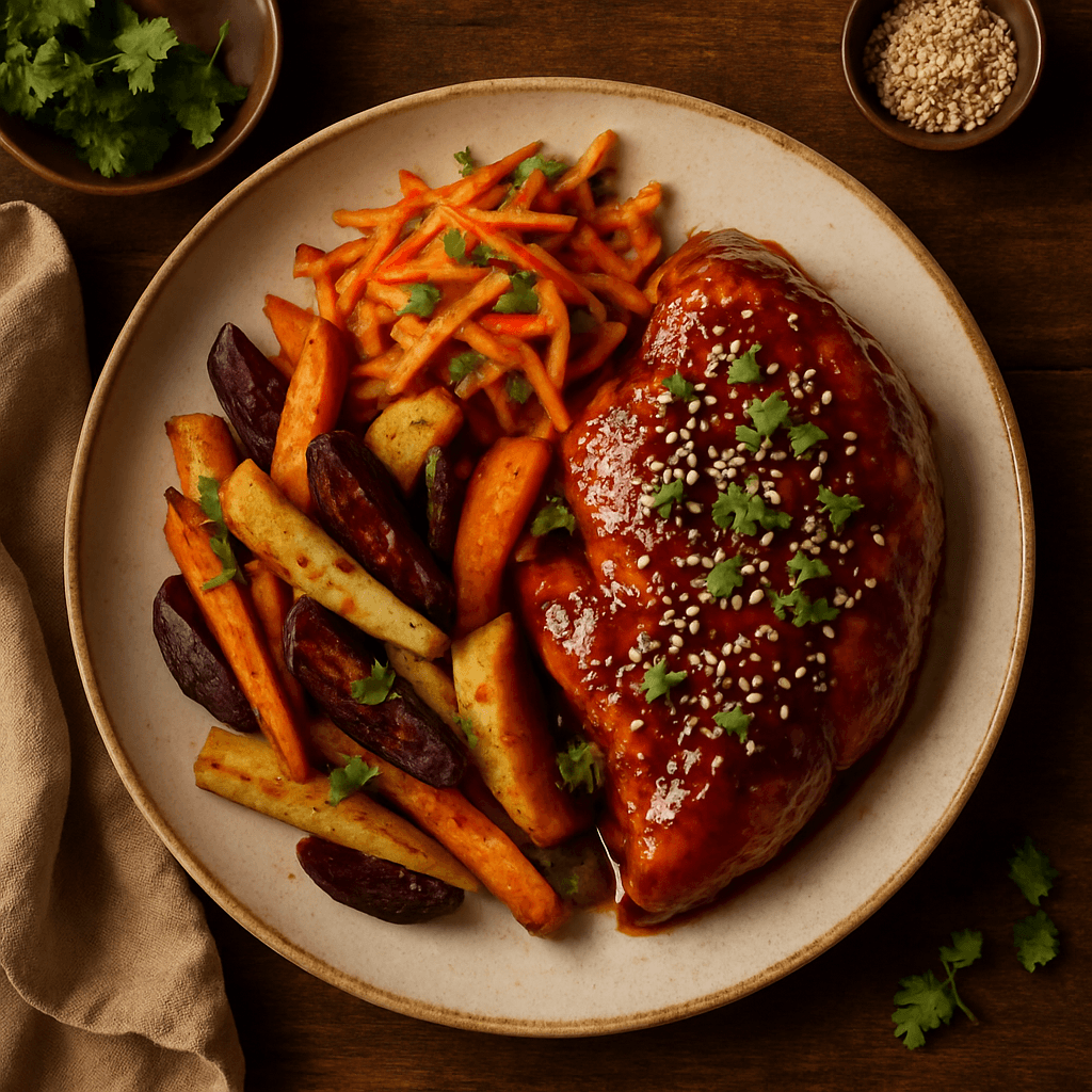 Koreansk kylling i teriyaki med ristede rodfrugter og æblekimchi