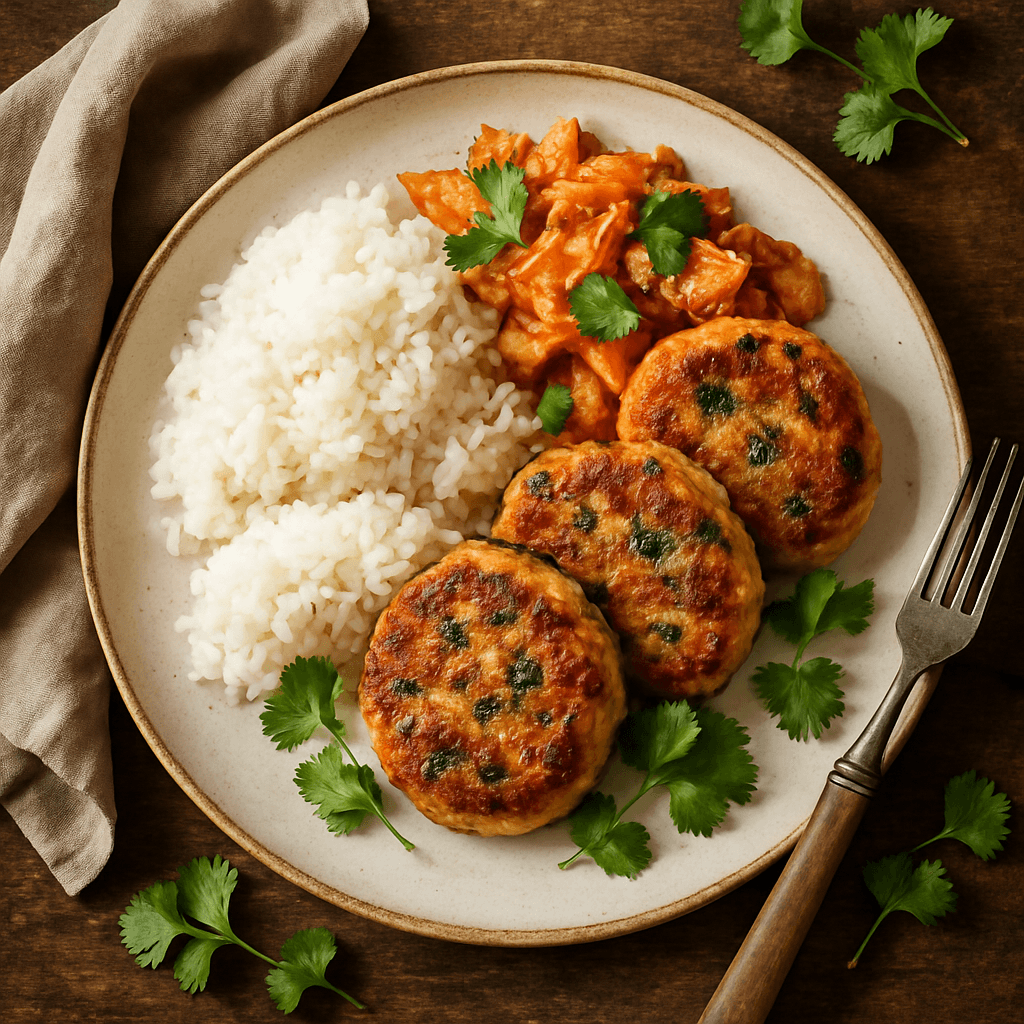 Koreanske fiskefrikadeller med kimchi og ris