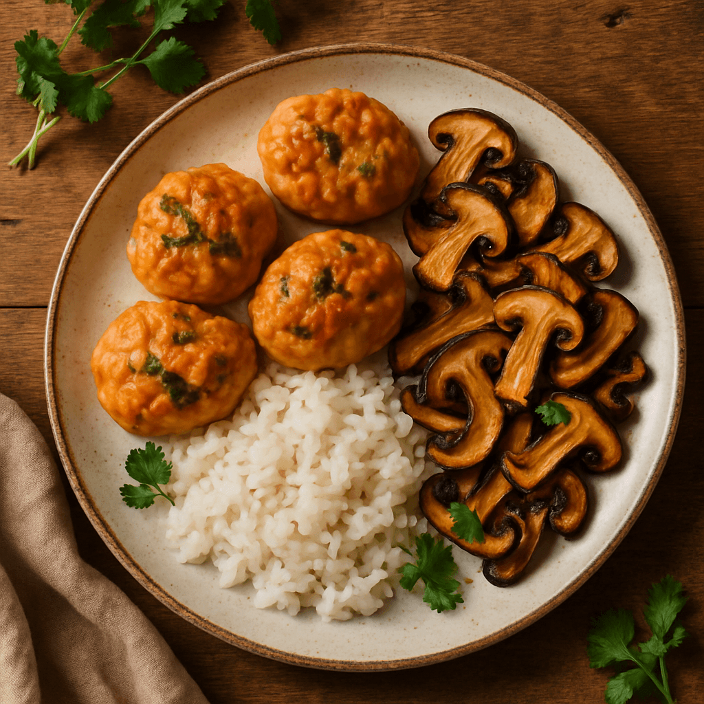 Koreanske kimchi-boller med stegte svampe og ris