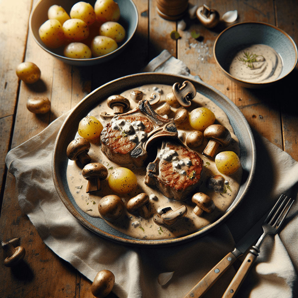 Koteletter i fad med cremet svampesauce og nye kartofler