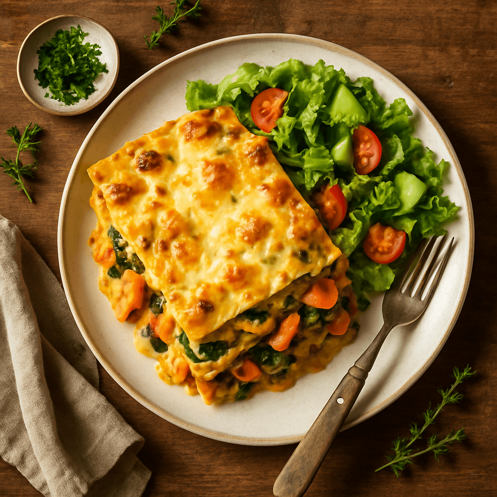Kremet svampe- og rodfrugtslasagne med frisk salat