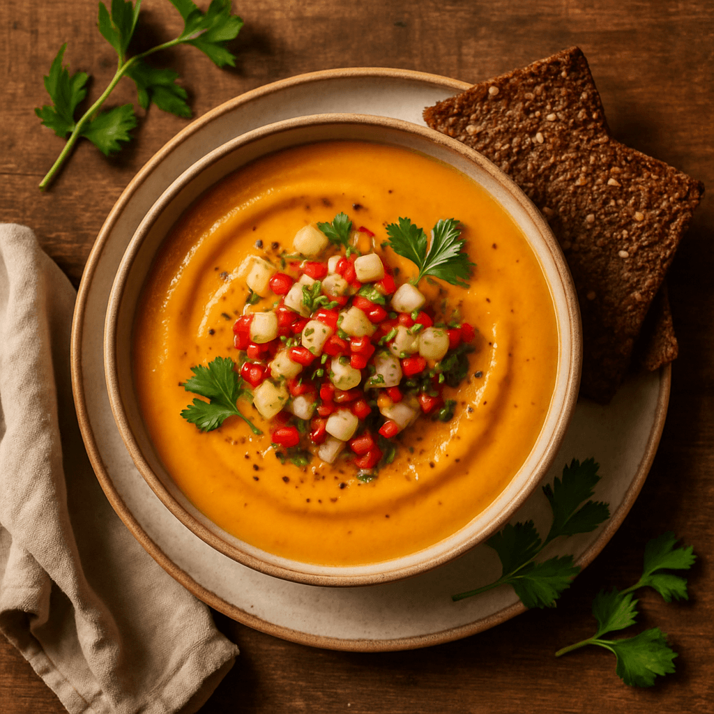 Krydret græskarsuppe med sprødt rugbrød og æble-chili salsa
