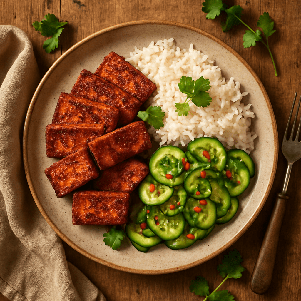 Krydret tofu med asiatisk agurkesalat og jasminris