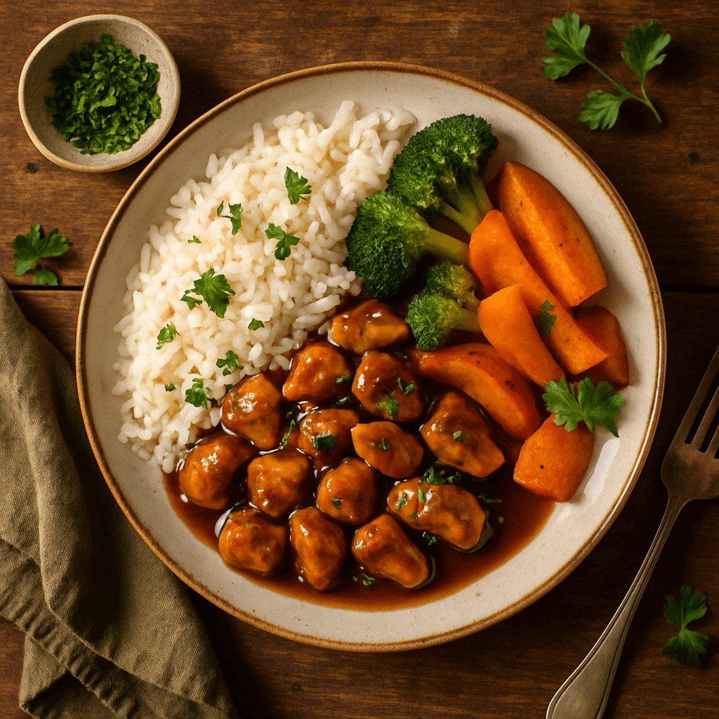 Kylling i sød-syrlig ingefærsoja med ris og efterårsgrøntsager