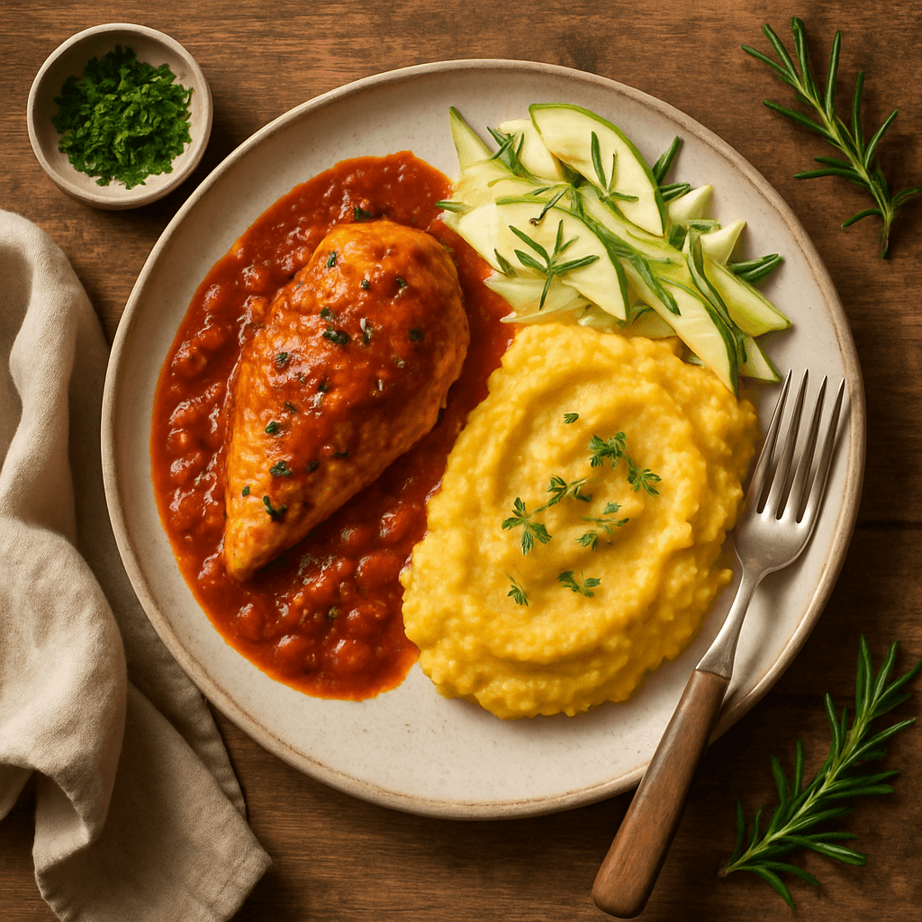 Kylling i tomatsauce med rodfrugtsmos og æble-rosmarin salat