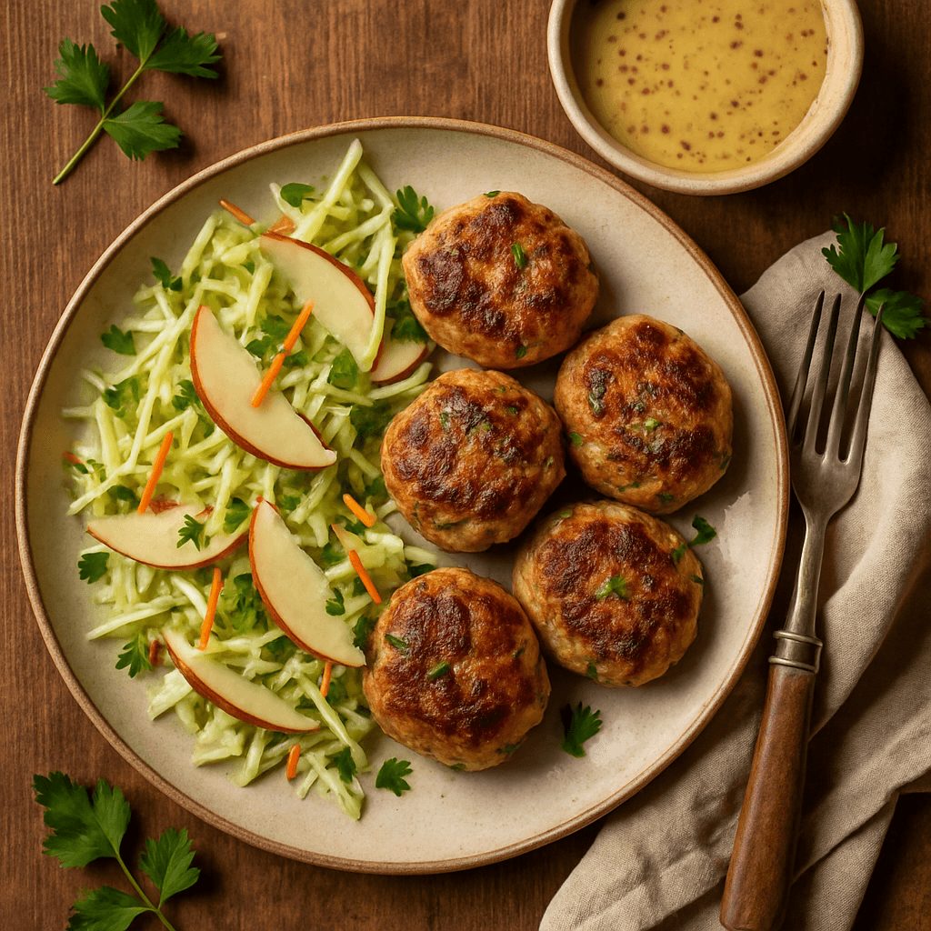 Kyllingefrikadeller med æble-kål salat og sød sennepsdressing