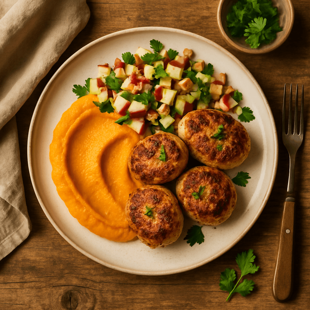 Kyllingefrikadeller med græskarpuré og æble- og valnødde-salat