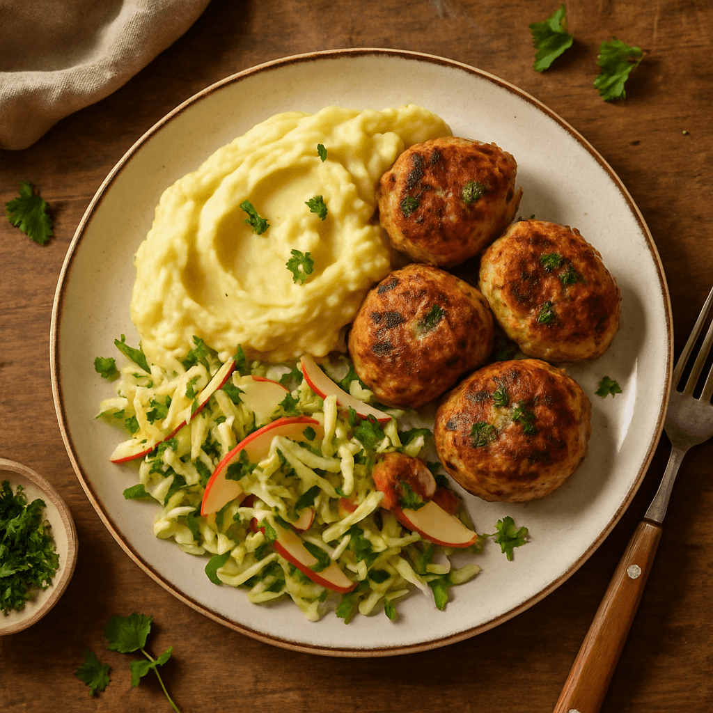 Kyllingefrikadeller med kartoffelmos og æble- og kålsalat