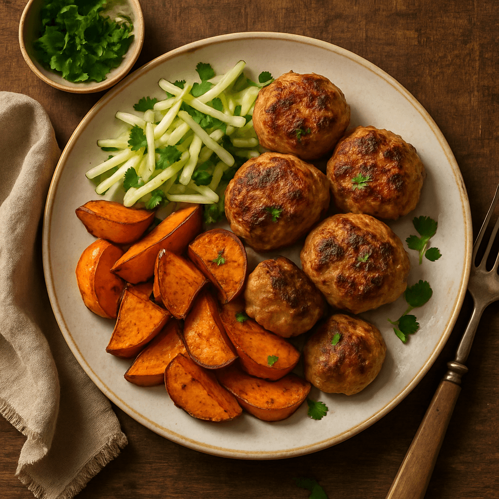 Kyllingefrikadeller med søde kartofler og æblesalat