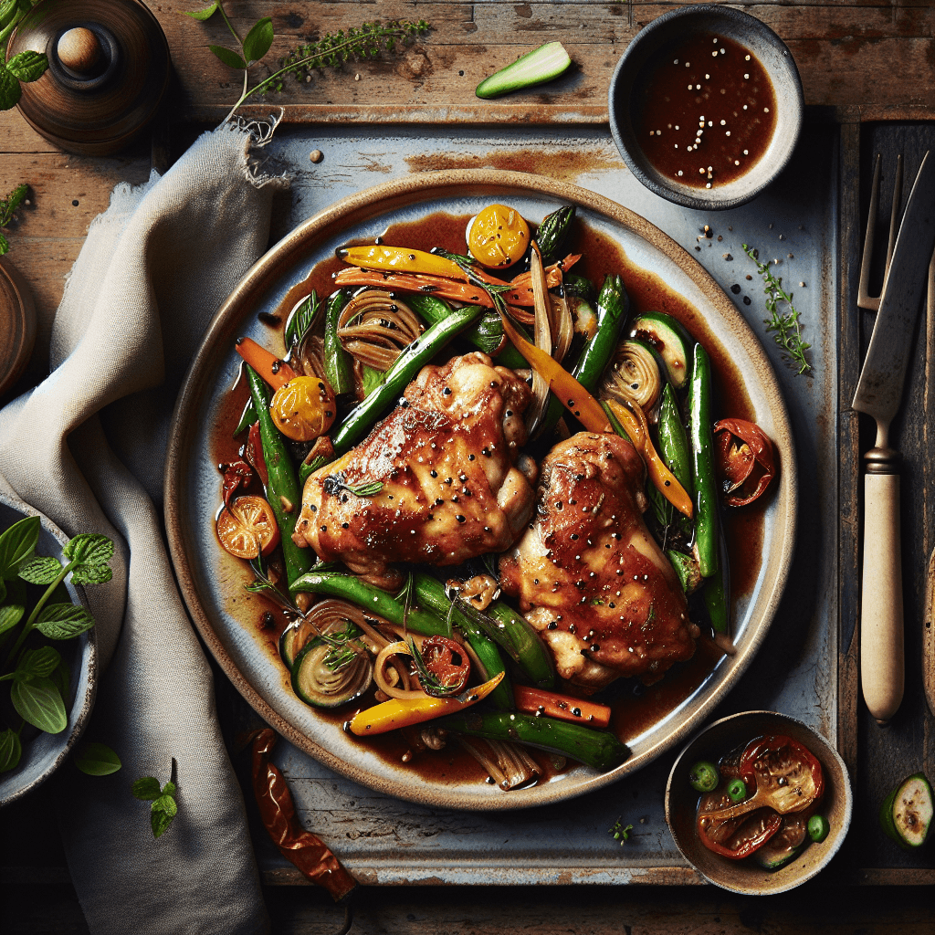 Kyllingeoverlår i asiatisk marinade med stegte grøntsager