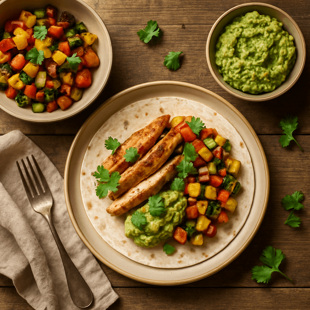 Meksikansk kyllingefajitas med grillet grøntsagssalat og guacamole
