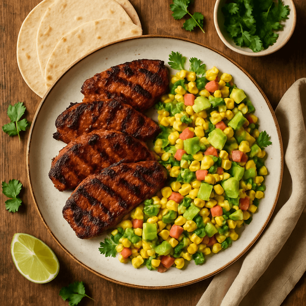 Mexicansk marineret svinekød med friske majs og avocadosalat