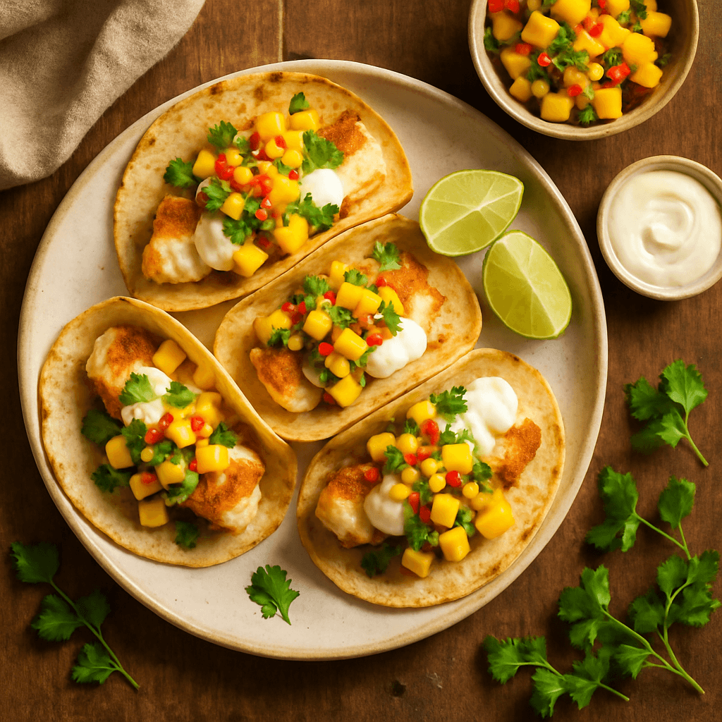 Mexicanske fisketacos med mango-salsa og limecreme