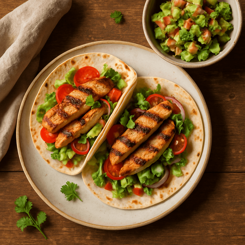 Mexicanske fyldte tortillaer med grillet kylling og avocadosalat