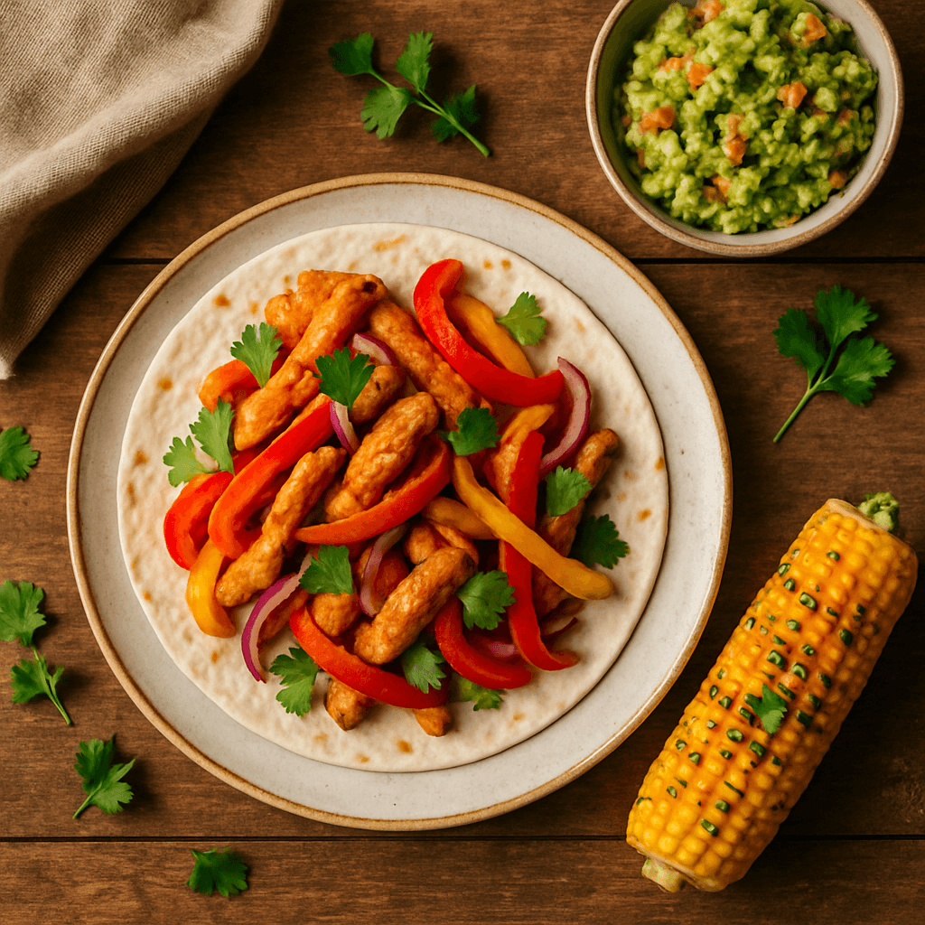 Mexicanske kyllingefajitas med frisk guacamole og grillet majs