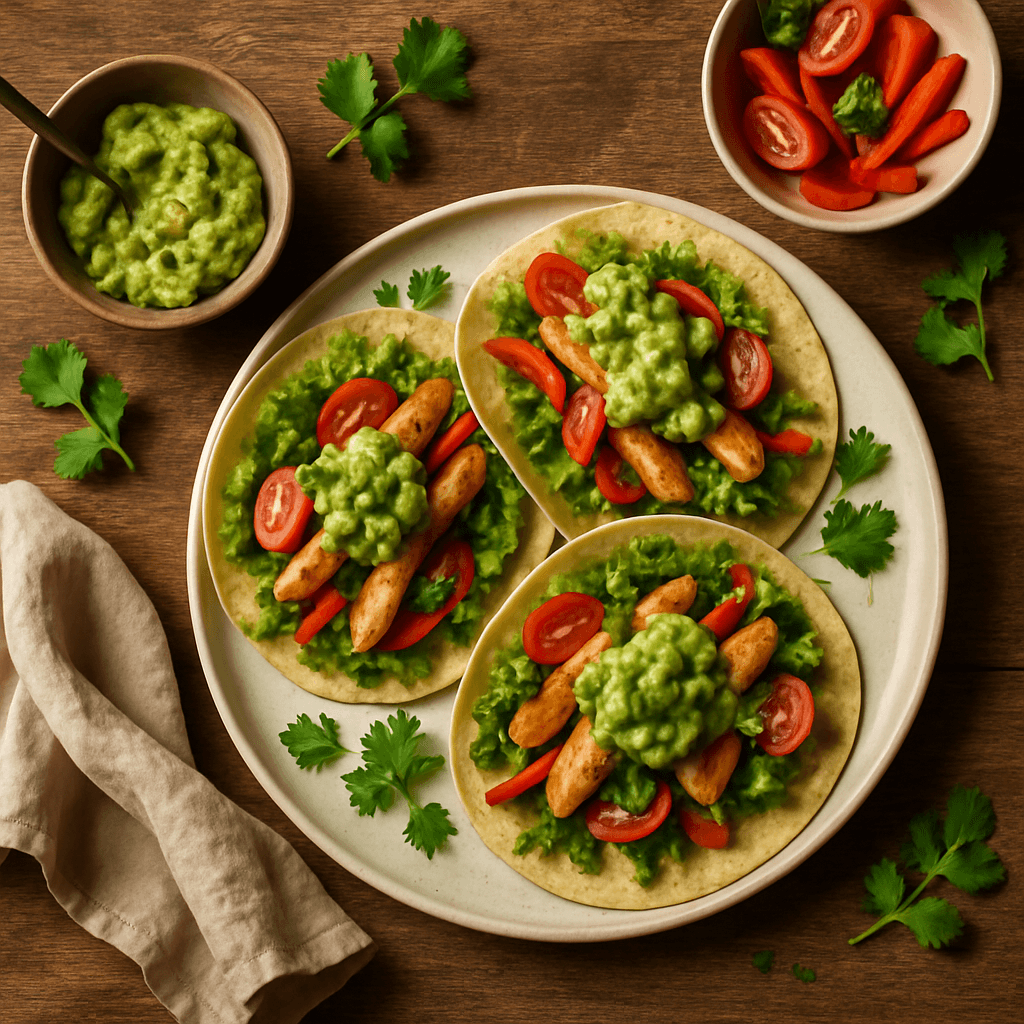 Mexicanske kyllingetortillas med friske grøntsager og avocado-salsa
