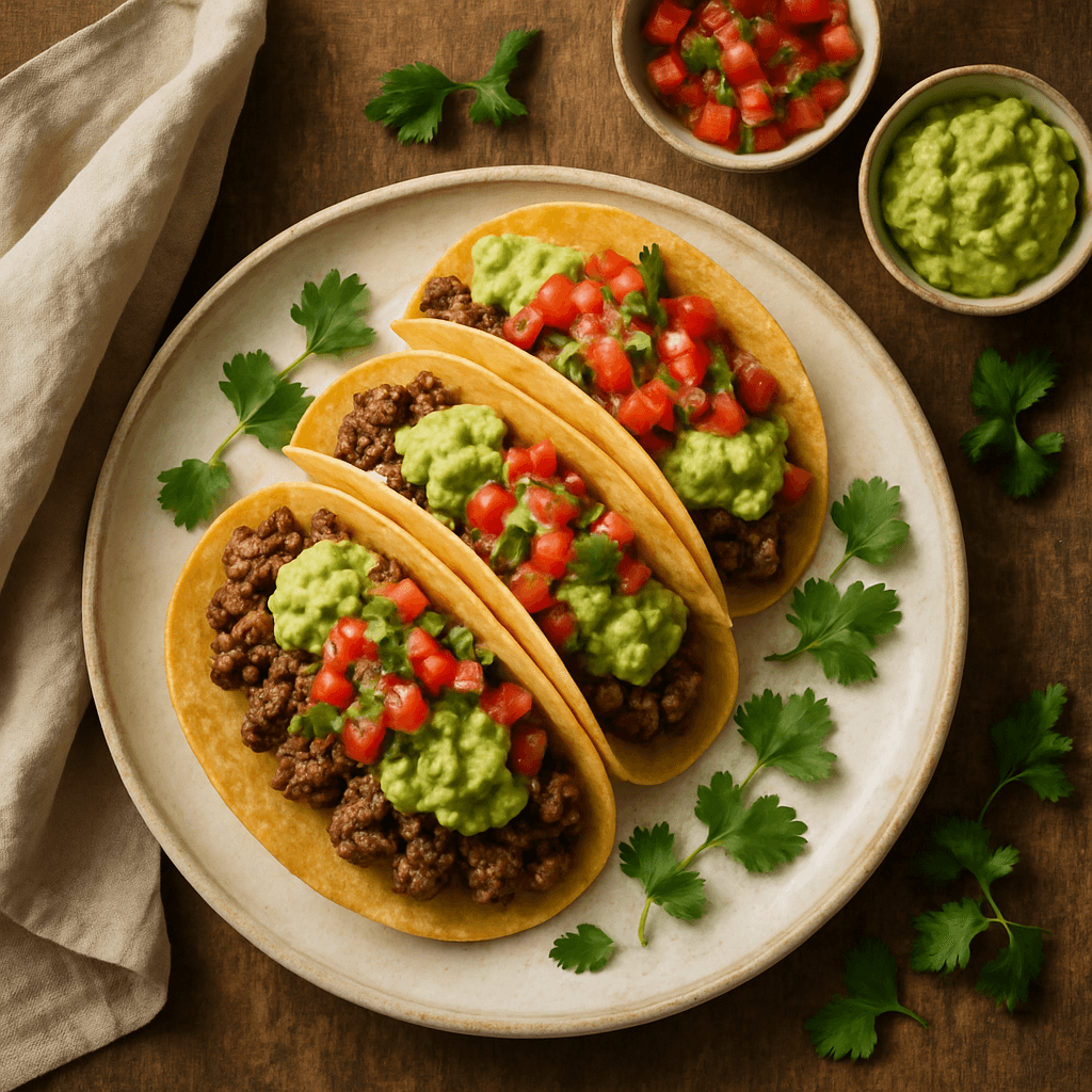 Mexicanske oksekødstacos med frisk salsa og guacamole