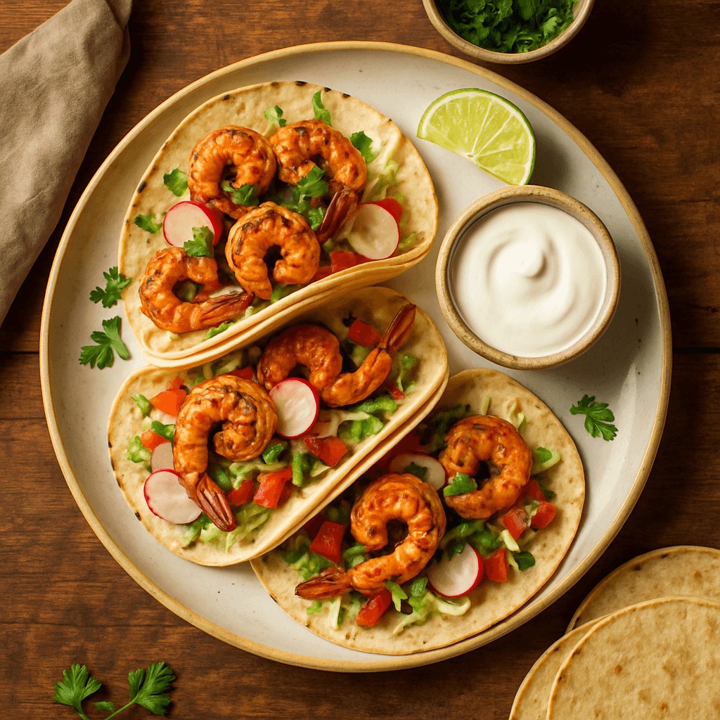 Mexicanske rejer med limecreme og friske tortillas