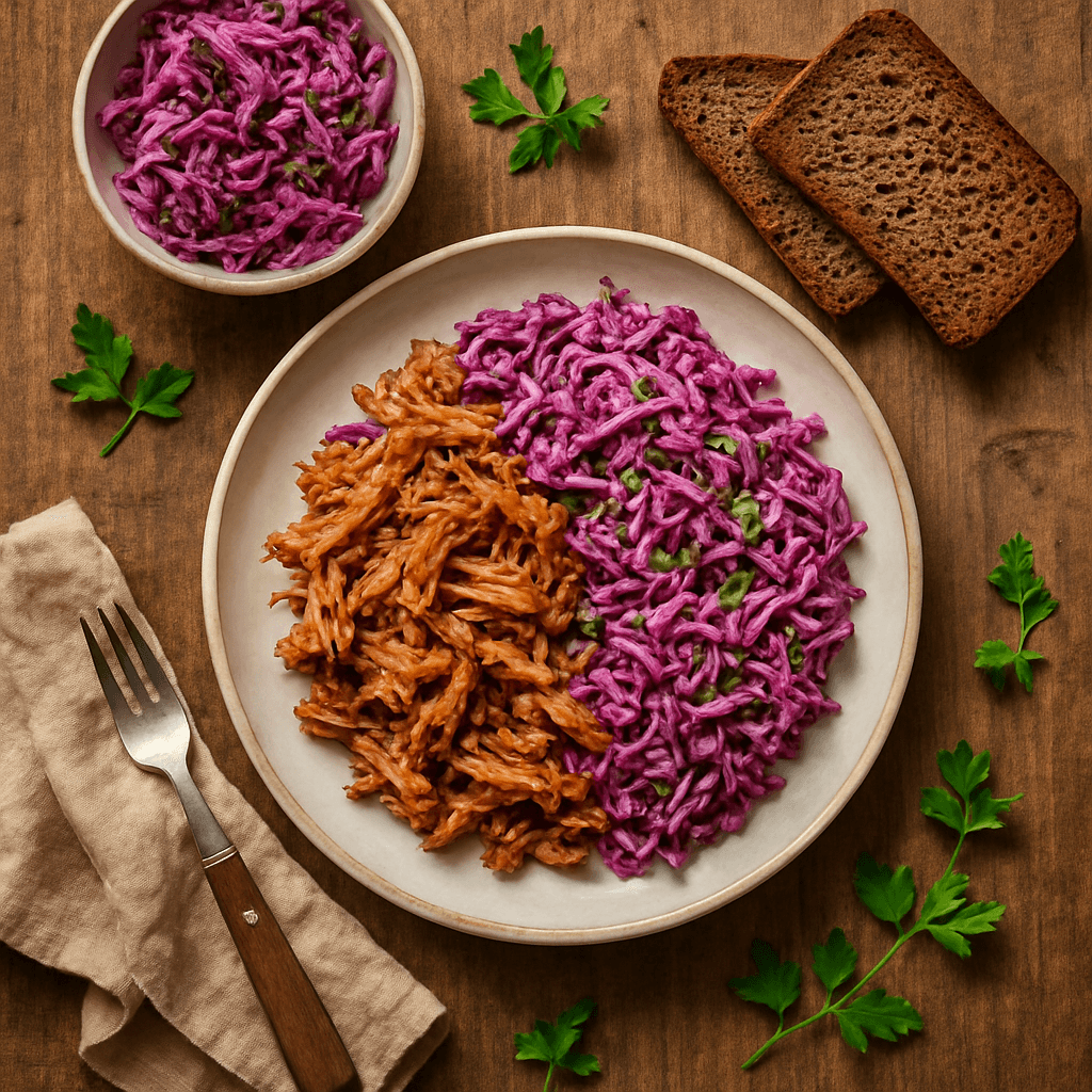 Nordisk pulled pork med rødkålsslaw og rugbrød