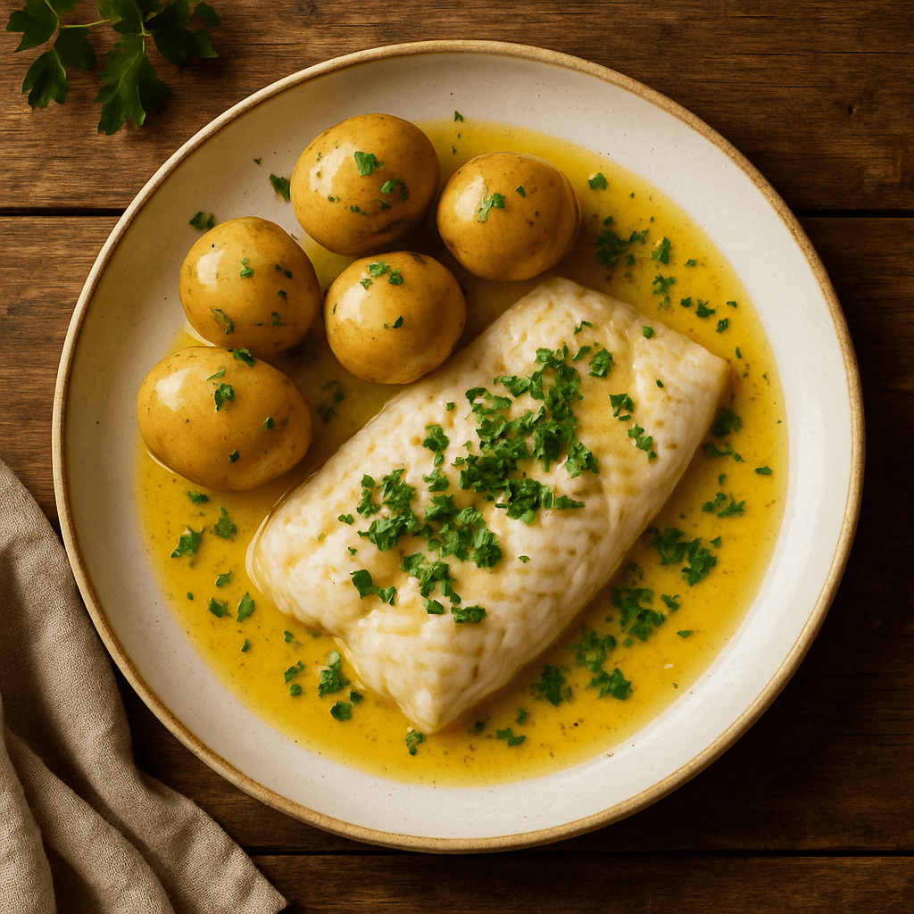 Ovnbagt sej med smørsauce og nye kartofler
