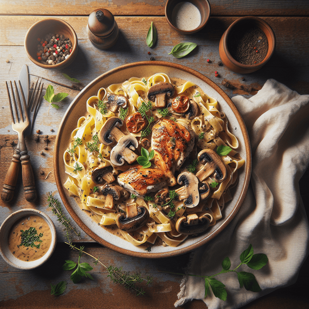 Pasta med cremet champignonsauce og kylling