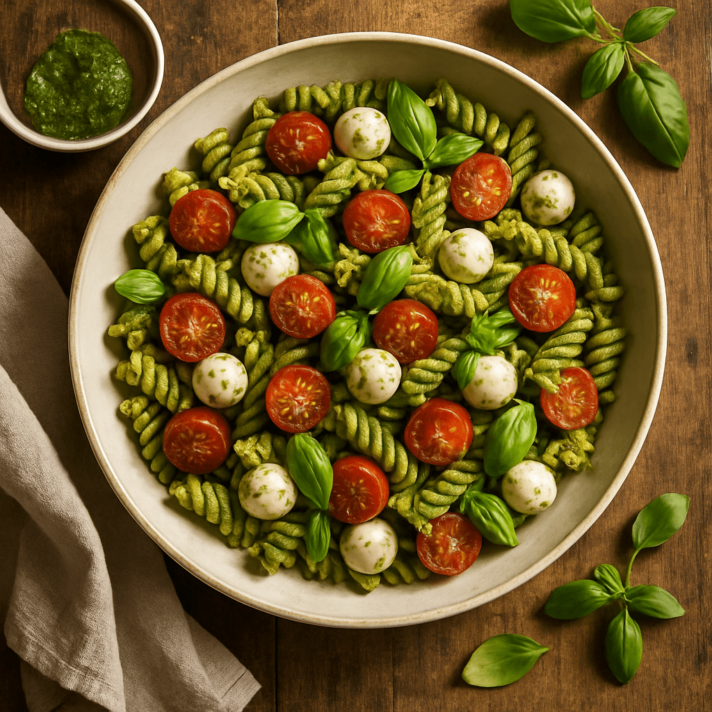 Pasta-salat med pesto, cherrytomater og mozzarella