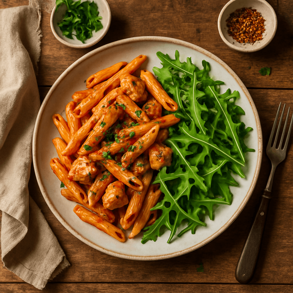 Penne all'arrabbiata med kylling og rucolasalat