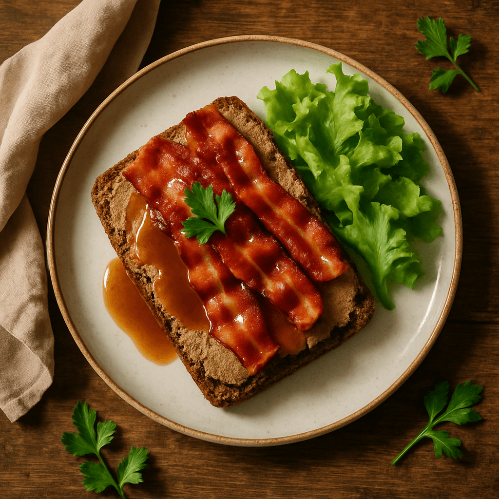 Rugbrød med leverpostej, sprødt bacon og lækker sky