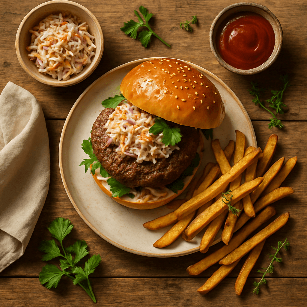 Saftige okseburger med coleslaw og hjemmelavede pomfritter