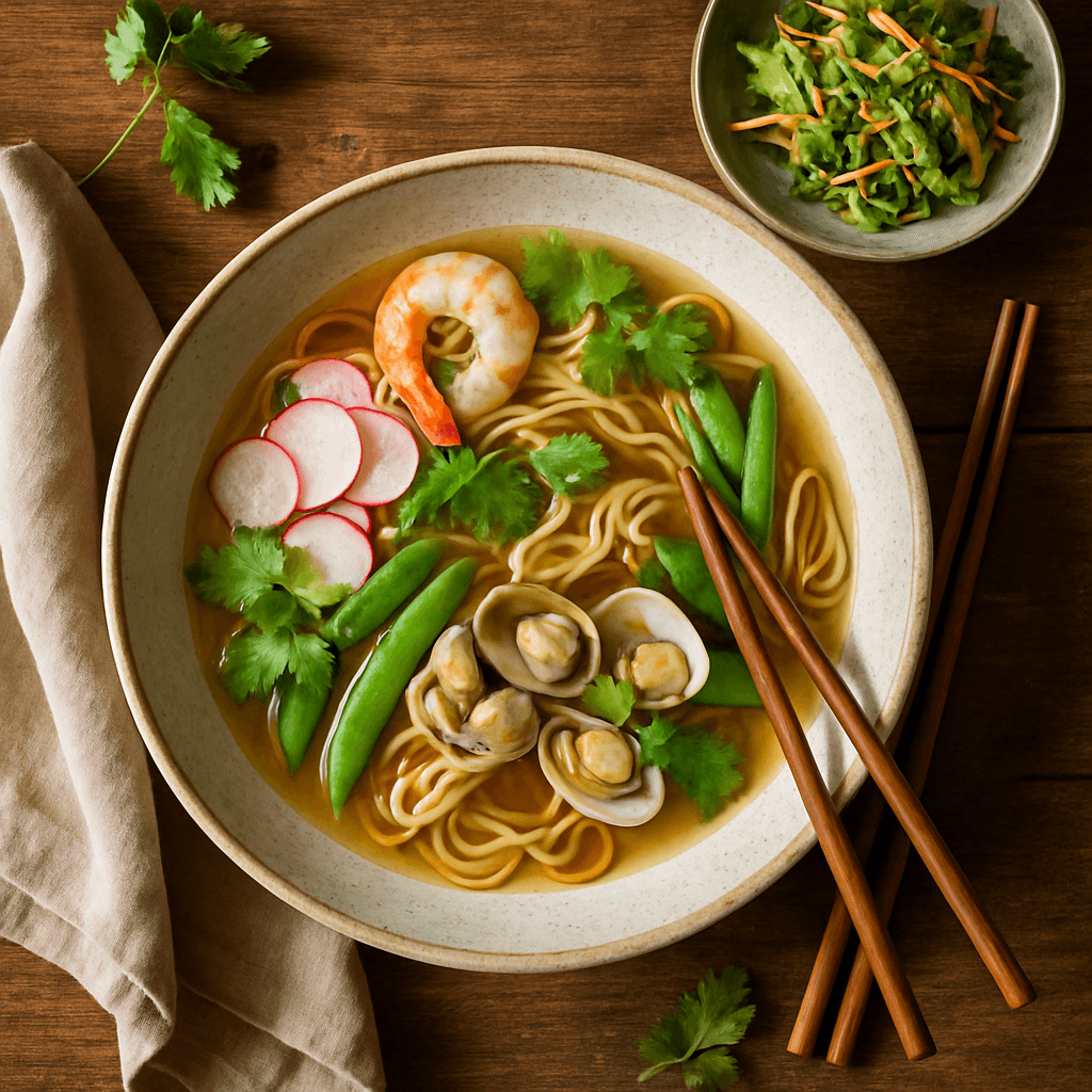 Sommerlig japansk skaldyrsramen med sesamsalat