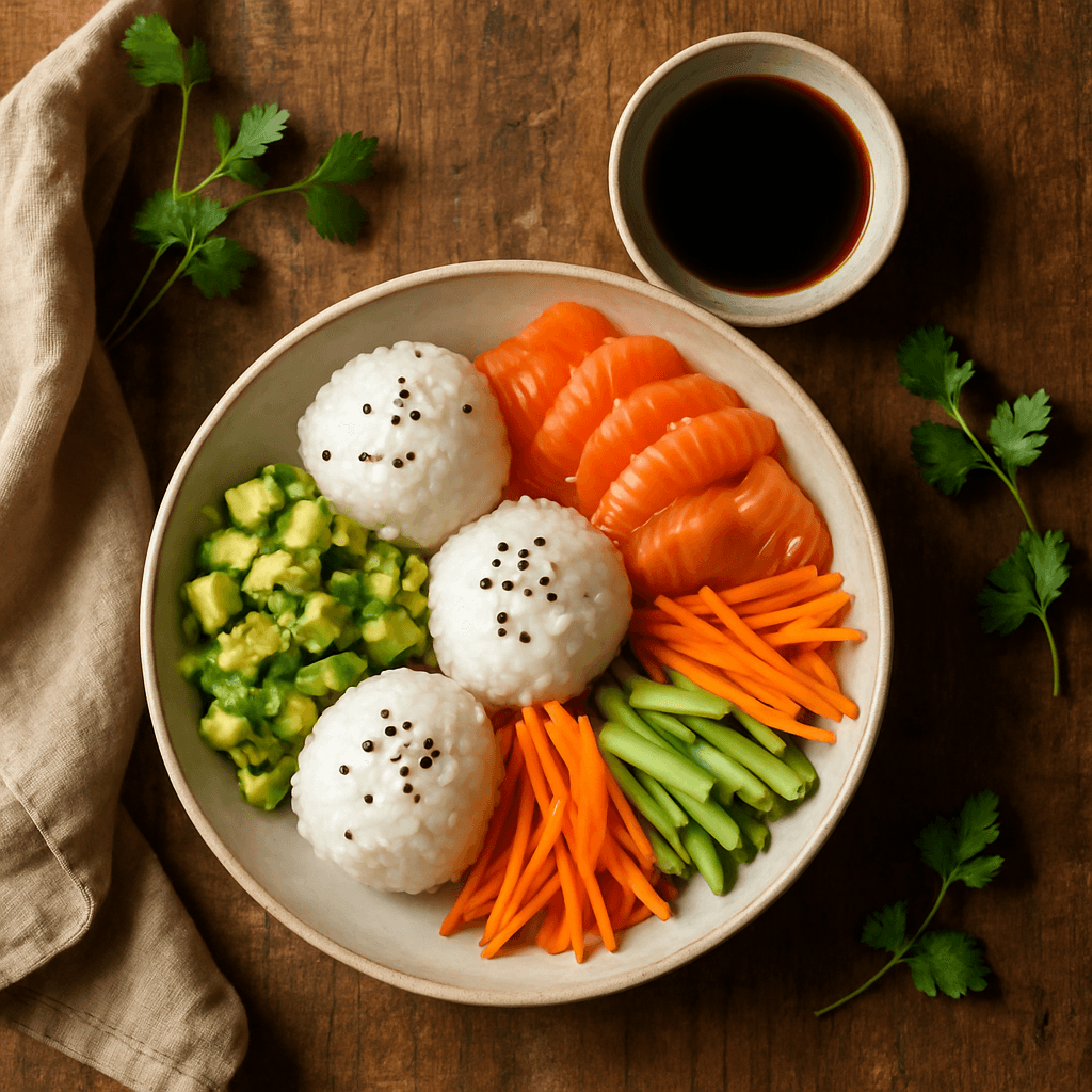 Sommerlige japanske sushi-boller med avocadosalat og sojasauce