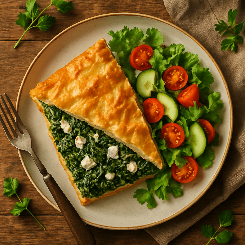 Spanakopita — græsk spinattærte med feta og frisk salat