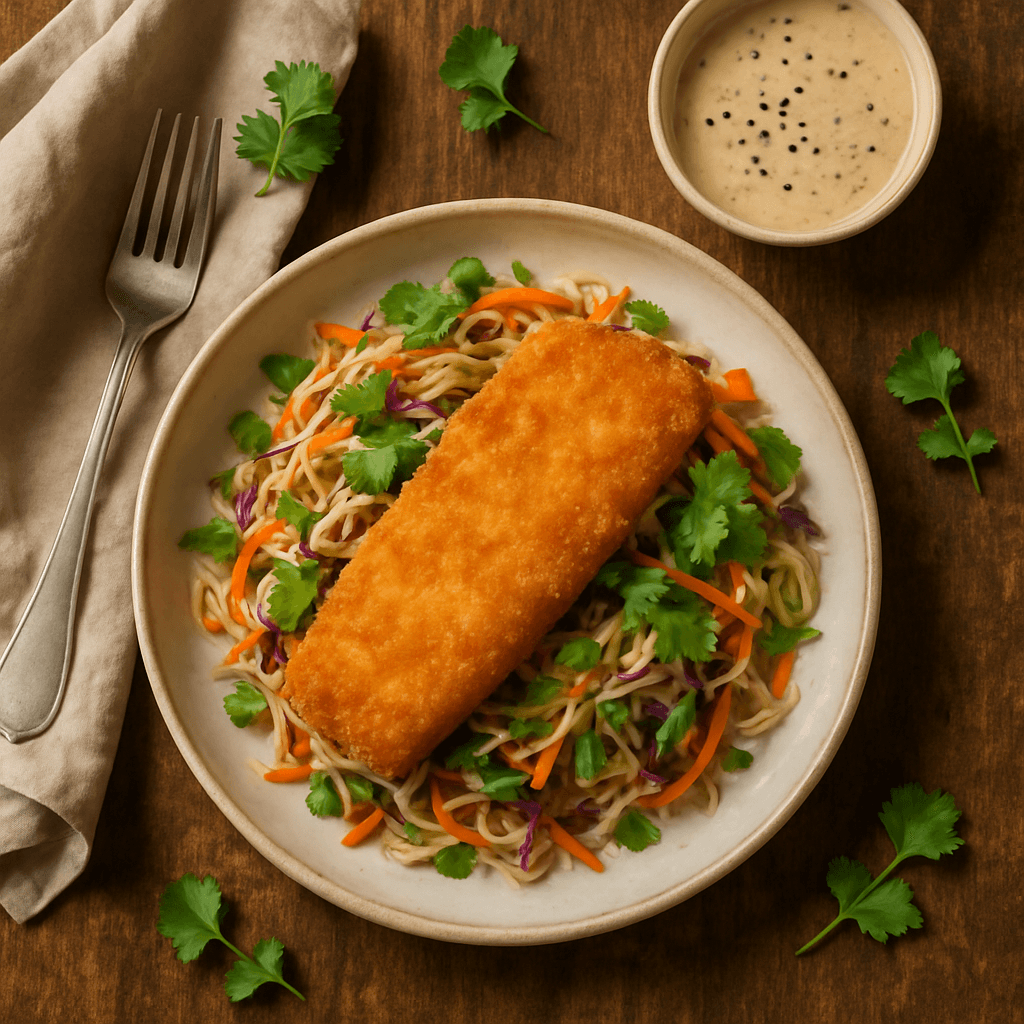 Sprød fiskefilet med asiatisk nudelsalat og sesamdressing