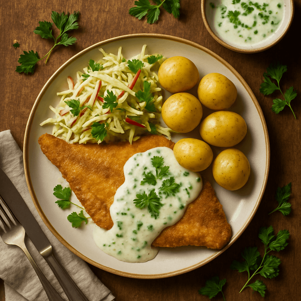 Stegt rødspætte med persillesauce, kartofler og æble- og kålssalat