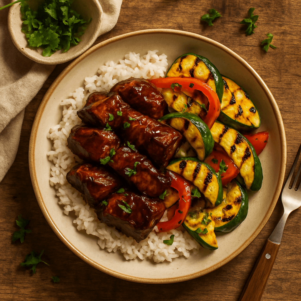 Teriyaki oksekød med grillede grøntsager og jasminris