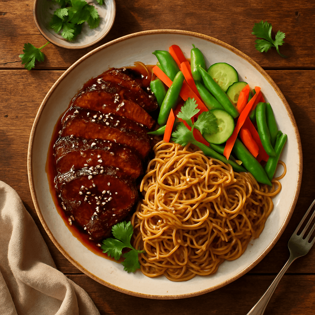 Teriyaki oksekød med sesamstegte nudler og friske grøntsager