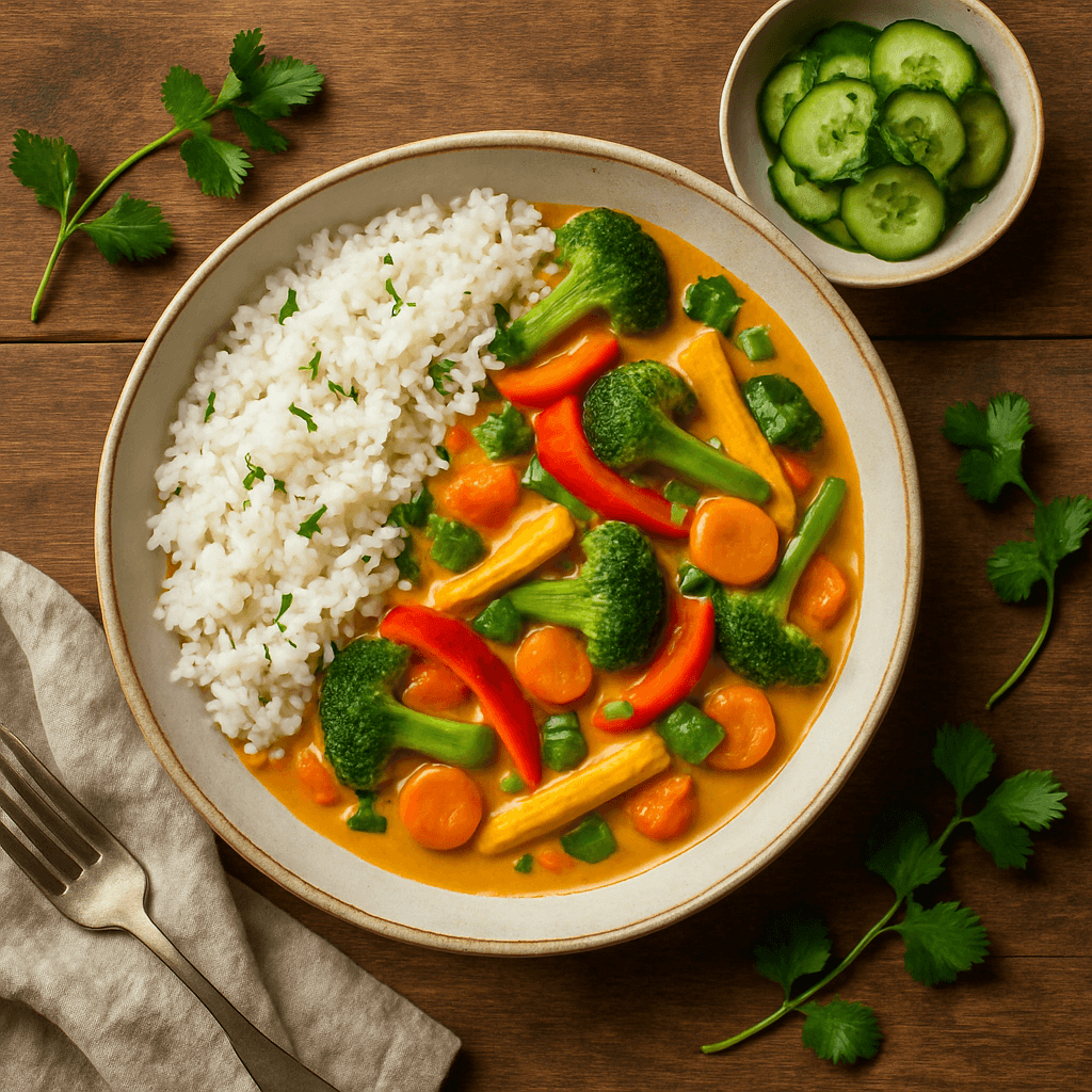Thai grøntsagskarry med jasminris og agurkesalat