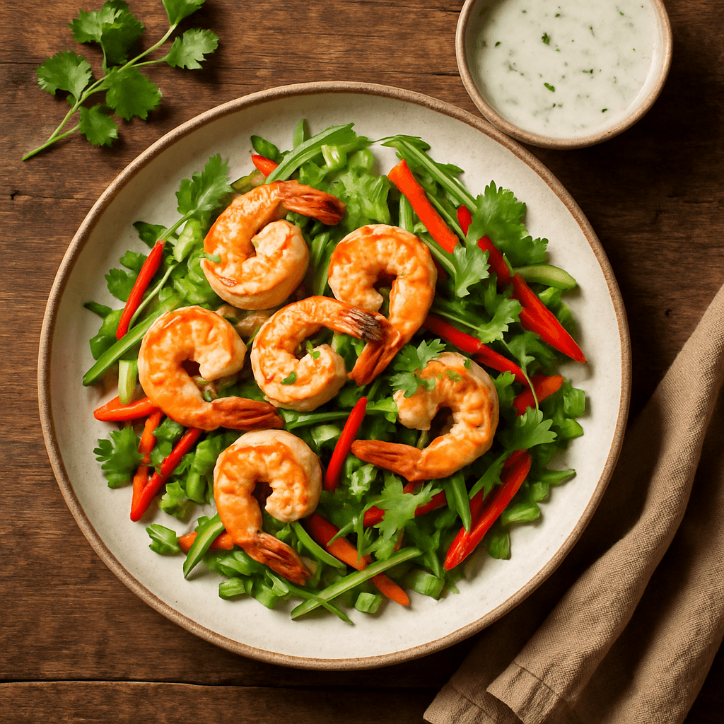 Thai-inspirerede rejer med friske grøntsager og kokos-lime dressing