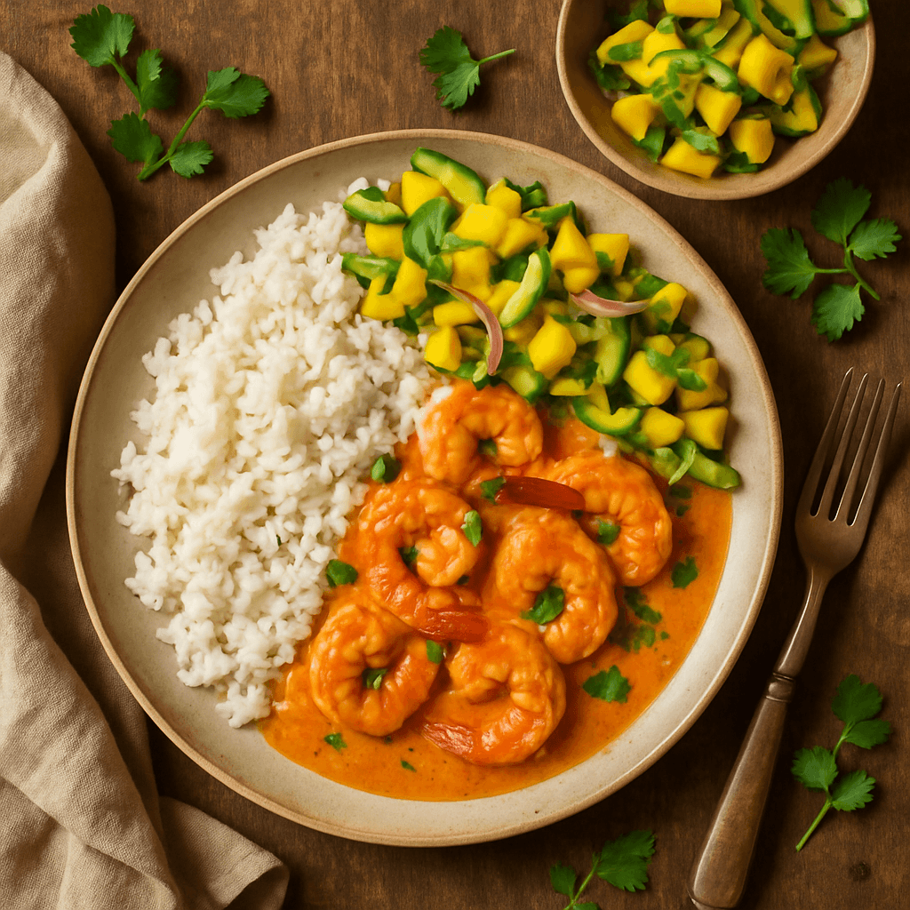 Thai-inspirerede rejer med kokosris og mango-salat