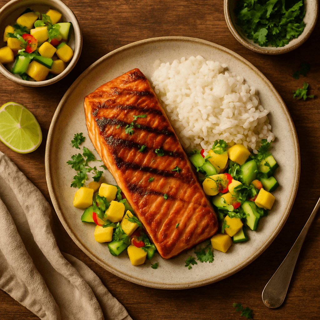 Thai-inspireret grillet laks med mango- og agurkesalat samt jasminris
