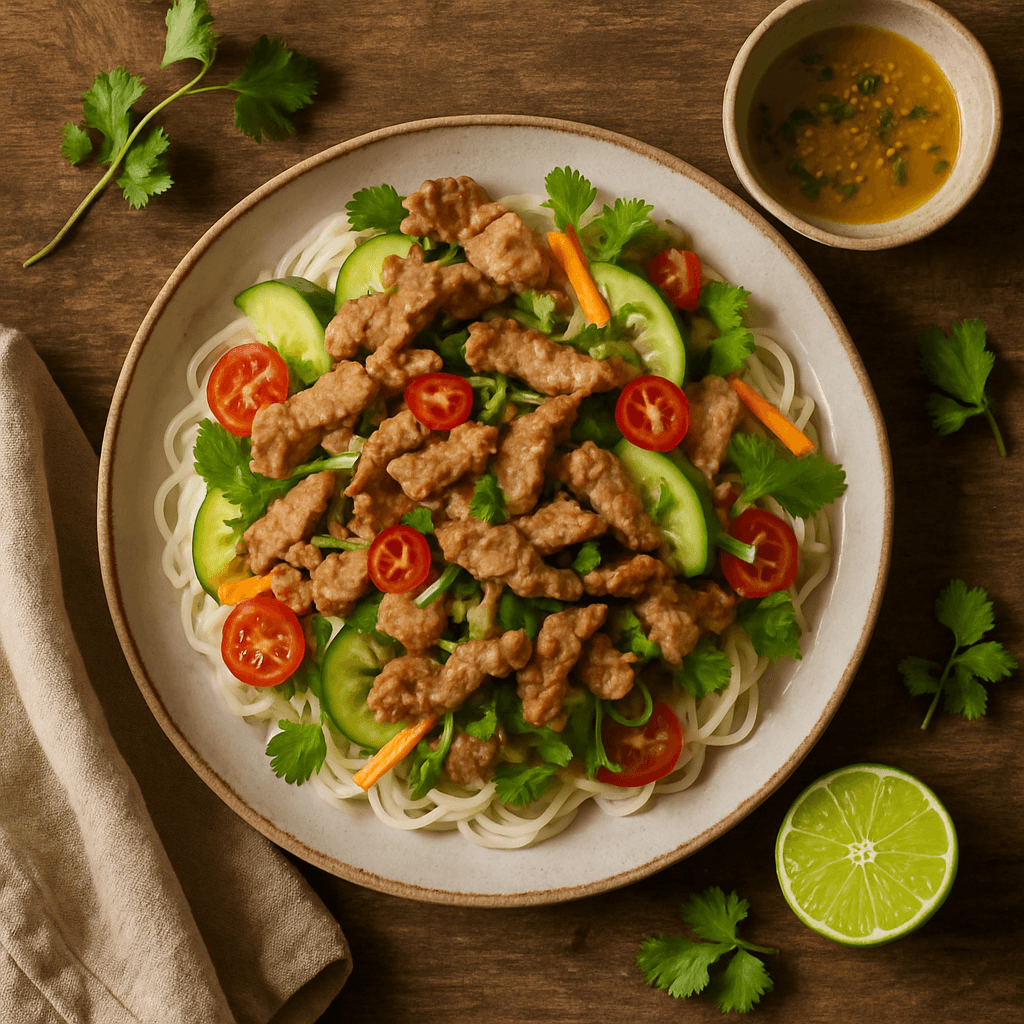 Thai-inspireret svinekødssalat med risnudler og limevinaigrette