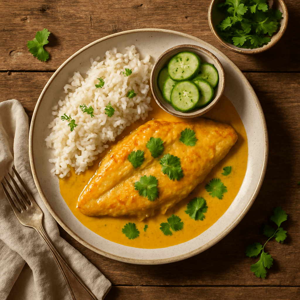 Thailandsk fiskefilet med kokos-curry sauce og jasminris