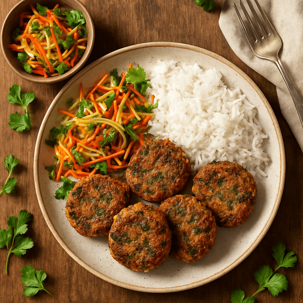 Thailandske grøntsagsfrikadeller med ingefærsalat og ris